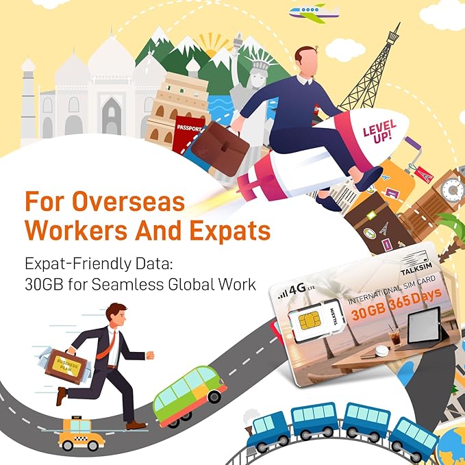 International Data SIM Card 30GB 365 Days, 4G LTE Prepaid Travel SIM Card Supported 45 Countries USA,UK,Europe,Asia& Africa, Ideal for Business Trip, Europe Travel& Family Together, No Contract