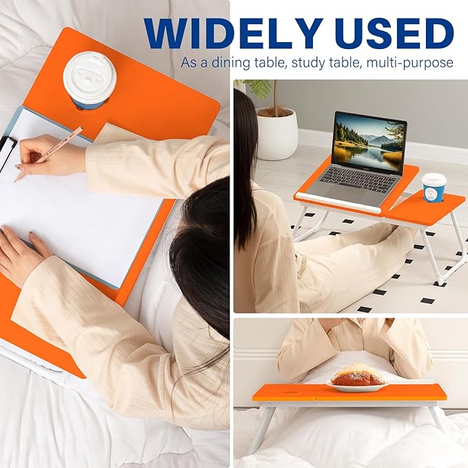 Laptop Desk for Bed Couch, Adjustable Foldable Bed Table with Cup Holder, Breakfast Serving Tray, Portable Laptop Lap Desk Stand for Working Reading Writing Eating Gaming (Orange)