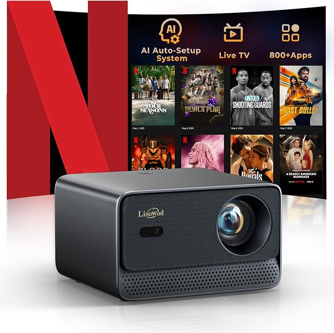 Projector with WiFi and Bluetooth: [1400 ANSI /Auto Focus/ 800+ Real Apps /Auto 4P Keystone /for Netflix] Outdoor-Projector, 1080P Smart-Portable-Mini-Movie-Projector, Lisowod L03Pro with Live TV