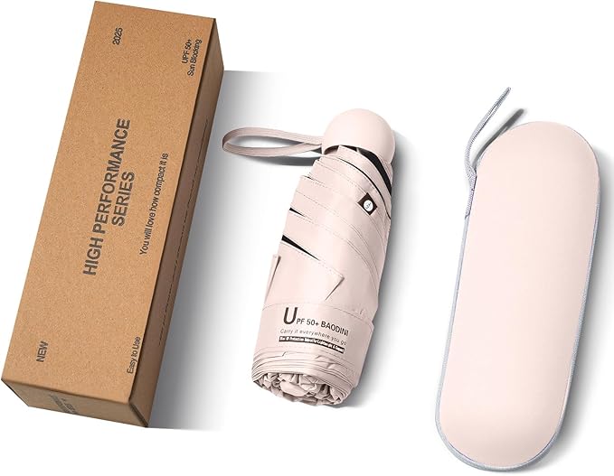 BAODINI Travel Essentials Mini Umbrella for Purse With Case Small Compact UV Sun Protection Lightweight Tiny Pocket Manual Open Close Umbrella for Women Kids and Men Fit Purse Backpack