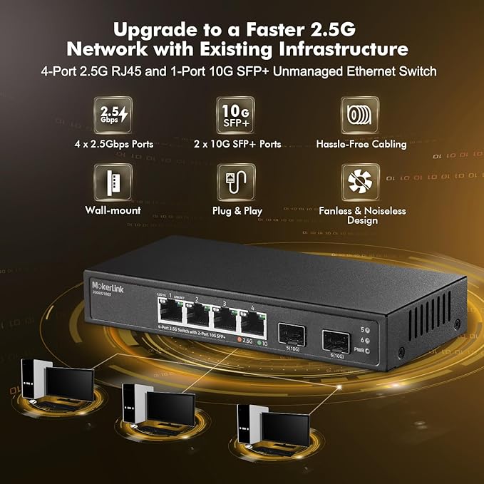 MokerLink 4 Port 2.5G Ethernet Switch with 2 Port 10G SFP+ Slot, 4 x 2.5G Base-T Ports Compatible with 10/100/1000Mbps, Metal Unmanaged Fanless Small Network Switch