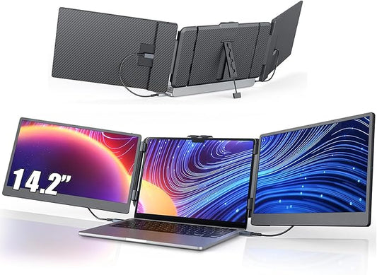 14'' Screen Extender Portable Laptop Plug-play, 1080P IPS Laptop Monitor Extender Built-in Speaker, HDMI/USB-A/Type-C Triple Monitor for 13''-17.3'' Laptops, Work with Mac, Windows, Chrome, Switch