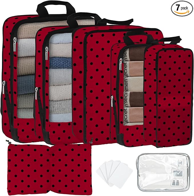 7 Pcs Compression Packing Cubes for Travel, Waterproof Suitcase Luggage Backpack Organizer with Toiletry Bag Travel Essentials for Women/Men-Polka Dots