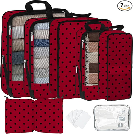 7 Pcs Compression Packing Cubes for Travel, Waterproof Suitcase Luggage Backpack Organizer with Toiletry Bag Travel Essentials for Women/Men-Polka Dots