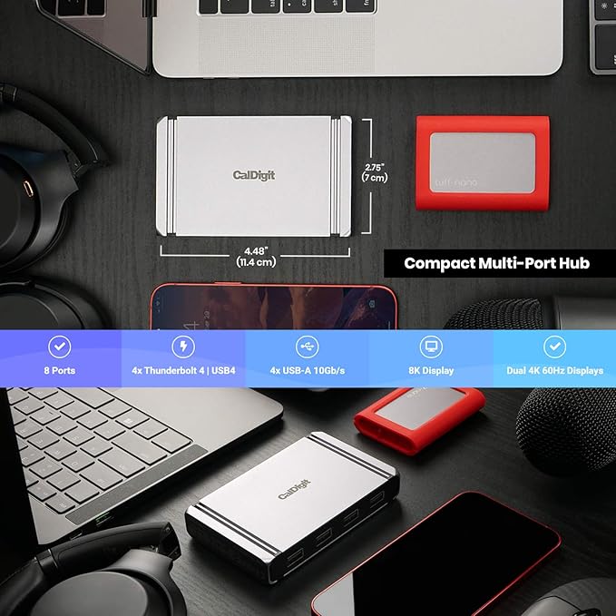 CalDigit Thunderbolt 4 Element Hub - 4X USB4 Ports, USB 3.2 Gen2 10Gb/s, Single 8K or Dual 4K Displays, 60W Charging, 0.8m Cable