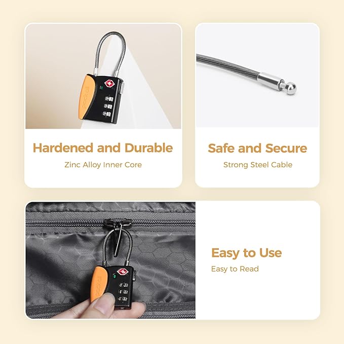 pack all TSA Approved Cable Luggage Locks, 3 Digit Combination Padlocks, Travel Lock for Suitcases & Bag, Alloy Body, Travel Accessories (1 Pack)（Orange）
