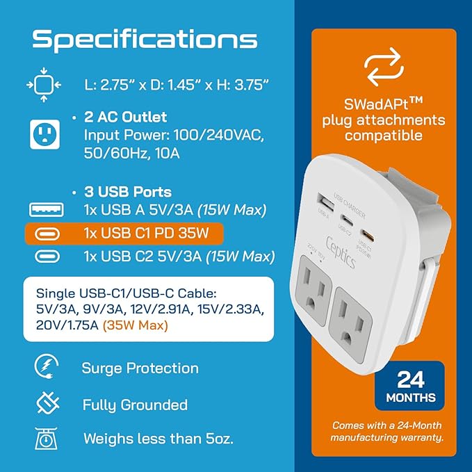 Ceptics Universal Travel Adapter Kit – 2 USA sockets, 2 USB-A (1x QC 3.0) and USB-C cable, Surge Protected, Plugs for EU, UK, China, AU, Japan - Use with Laptop, Phones, Cameras - ETL Tested