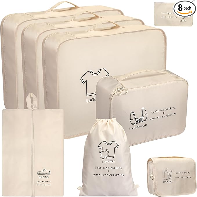 8 Set Packing Cubes for Travel Essentials - Luggage Organizer Bags with Hanging Toiletry & Shoe Bag for Suitcase, Travel Cubes for Packing