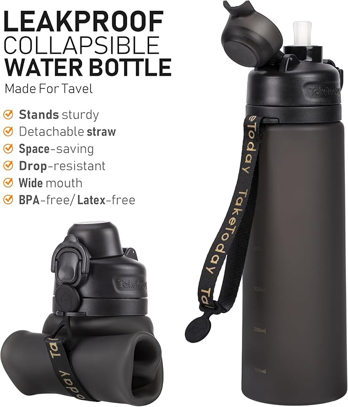 TakeToday Collapsible Water Bottles 20oz, Leak Proof, BPA-Free, Foldable Silicone Travel Water Bottle with Straw Strap for Cycling, Hiking, Outdoors