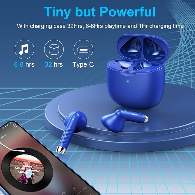 Wireless Earbuds, Bluetooth 5.4 Earbuds Stereo Bass, Bluetooth Headphones in Ear Noise Cancelling Mic, Earphones IP7 Waterproof Sports, 32H Playtime USB C Charging Case Blue Ear Buds for Android iOS