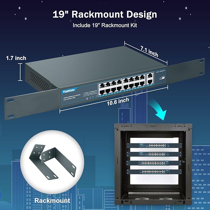 YuanLey 16 Port PoE Switch with 2 Gigabit Uplink, 16 PoE+ Port 10/100Mbps Network Switch, 802.3af/at Compliant, Durable Metal with 250W High Power, Unmanaged Plug and Play