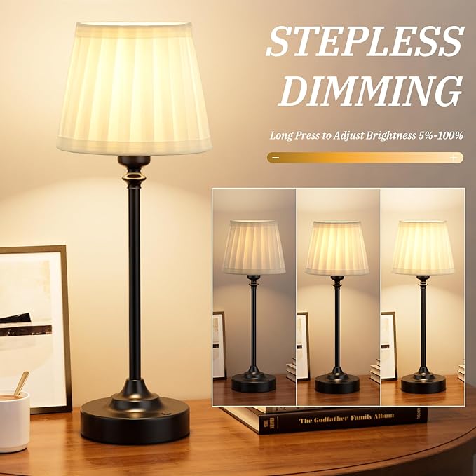 Kakanuo Cordless Table Lamp Rechargeable Black - 1 Pack 4000mAH Battery Operated Lamp for Decor, 3000K Stepless Dimming Touch Control Wireless Lamp for Bedroom, Dining Table, Kitchen, Living Room