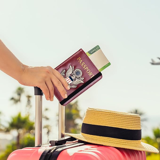 TOURSUIT RFID Blocking Passport Holder for Women Men, Leather Passport Travel Wallet with Metal 3D Metal Badge, Travel Document Holder Cover Accessories (Rose Red)