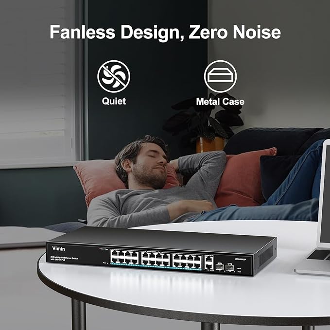 24 Port Gigabit PoE Switch with 2 Uplink Gigabit & 2 SFP Ports, 24-Port Ethernet PoE Switch Unmanaged w/ 320W High Power, Support IEEE802.3af/at, VLAN, Rack-Mount, Sturdy Metal Housing