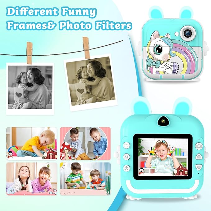 Kids Camera Instant Print Girls Boys, 2,4" HD 1080P, 32GB Card, with Photo Paper and Colored Pens, Instant Camera Holiday Birthday Gifts, Printable Toddler Portable Travel Print Toy (Blue)