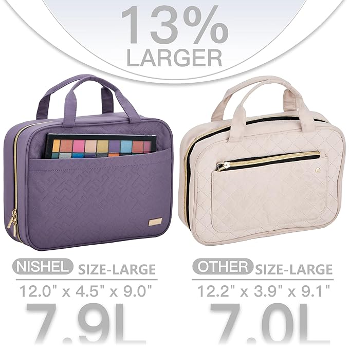 NISHEL Travel Toiletry Bag for women, Portable Hanging Organizer for Full-Sized Shampoo, Conditioner, Brushes Set, Makeup Accessories, Large Size, Purple