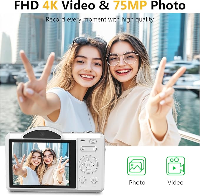 Digital Camera for Photography - WiFi 4K 75MP Vlogging Cameras for YouTube, Touchscreen Autofocus Point and Shoot Digital Camera for Teens Adult Beginner with 16X Zoom, 32GB Card, 2 Batteries(White)