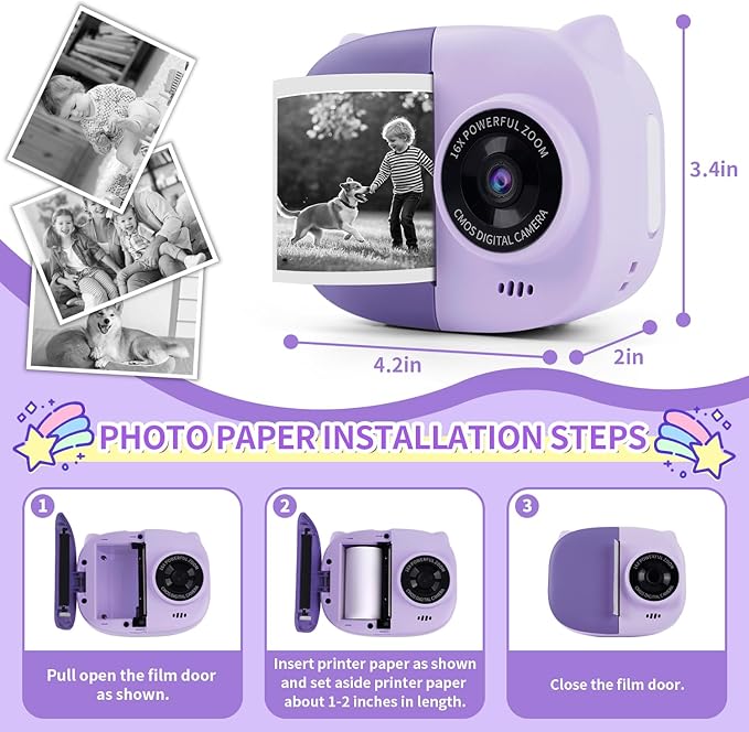 Rongta Instant Print Camera for Kids, Children Portable Photo Printer for Birthday Gifts, Kids Toys, 2.4 Inch Screen Kid Digital Camera for Girls Boys Age 3 4 5 6 7 8 9 10 (Purple)