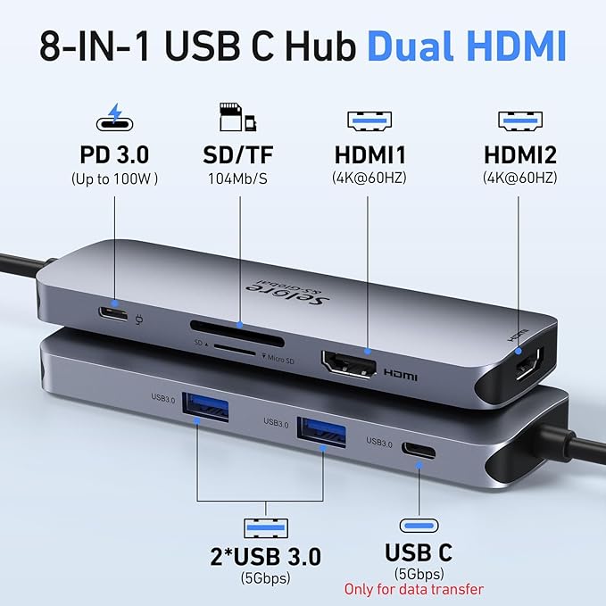 USB C Docking Station Dual HDMI Monitor, USB C to Dual HDMI Adapter with 2HDMI Ports, PD Charging, SD/TF, USB A&C 3.0 Ports, Laptop Docking Station for Dell XPS/HP/Lenovo/Surface/Yoga etc