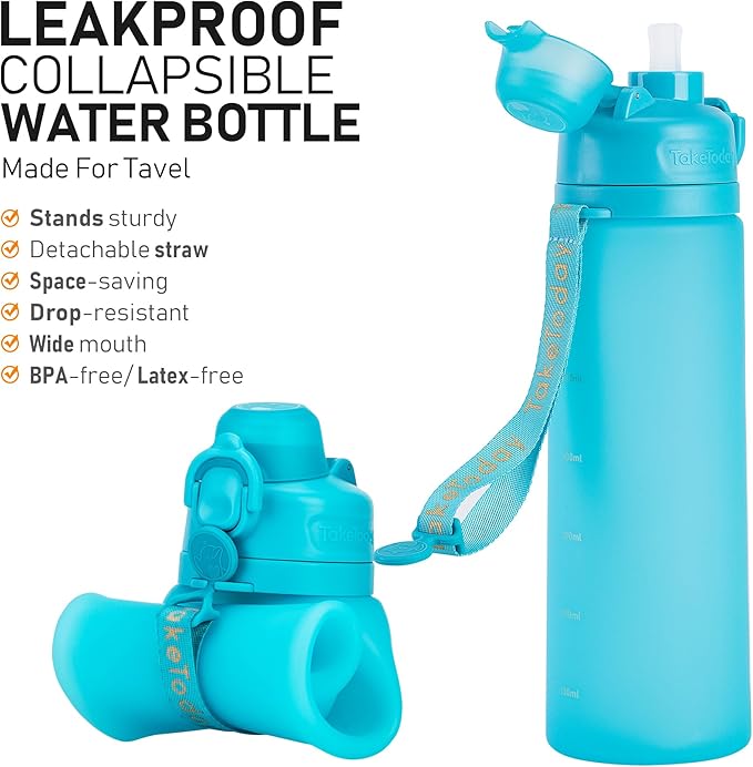 TakeToday Collapsible Water Bottles 20oz, Leak Proof, BPA-Free, Foldable Silicone Travel Water Bottle with Straw Strap for Cycling, Hiking, Outdoors