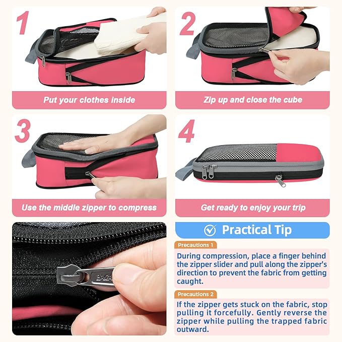 BAGAIL 4 Set/6 Set/8 Set Compression Packing Cubes Travel Accessories Expandable Packing Organizers (Half Mesh, 6-Coral)