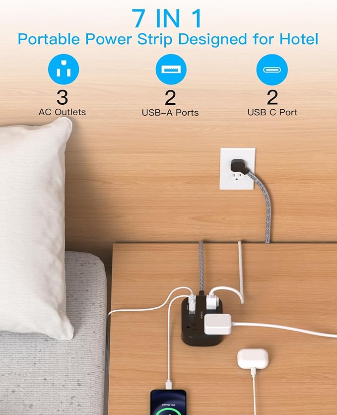 One Beat Cruise Ship Essentials,Travel Power Strip with USB C,Flat Plug Extension Cord with 3 Outlets 4 USB Ports(2 USB C),5 ft Desk Wall Outlet Extender,Non Surge Protector for Cruise,Dorm, Black