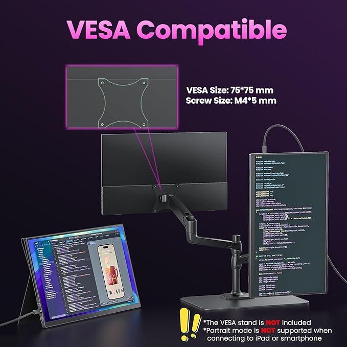 Large Portable Monitor 18.5 inch FHD 1920x1080p 100 Hz 130% sRGB HDR HDMI USB-C Portable Gaming Monitor VESA Compatible, External Second Screen for Laptop, MacBook, Surface, PC, Game Console