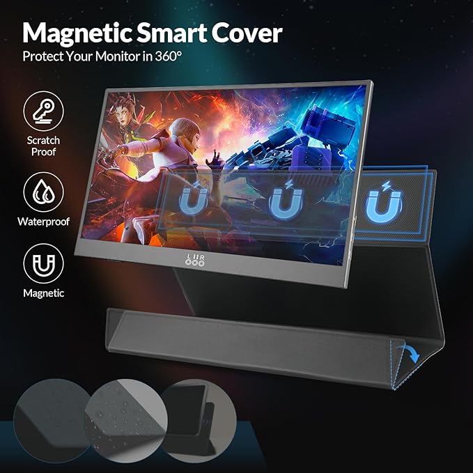 LR Portable Monitor, 15.6” 1080P FHD USB-C HDMI, Ultra-Slim IPS HDR Display with Cover and Built-in Speaker, Travel Monitor for Laptop/PC/Phone/Mac/Xbox/Switch/PS4/PS5, VESA Mountable