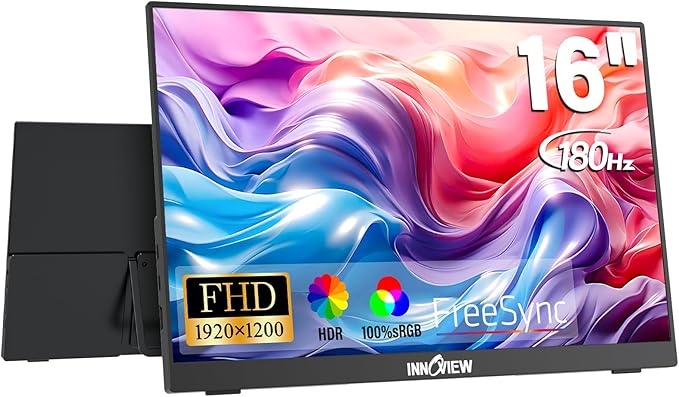 InnoView 16-inch FHD Portable Monitor 180Hz Built-in Speakers and 90°Adjustable Stand,100% sRGB IPS Laptop Screen Extender | 2 x Type-C & HDMI Portable Monitor Plug & Play for Macbook/Switch/PS5/Xbox