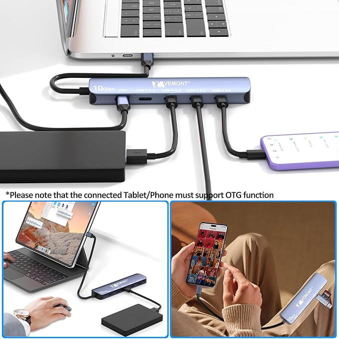 VEMONT 10Gbps USB-C Hub:4-Port 10Gbps Data Transfer and 100W PD Charging for laptops. USB 3.2 Gen 2 Standard. Compatible with MacBook, iPhone, iPad, Surface Pro, and Other USB-C Devices.