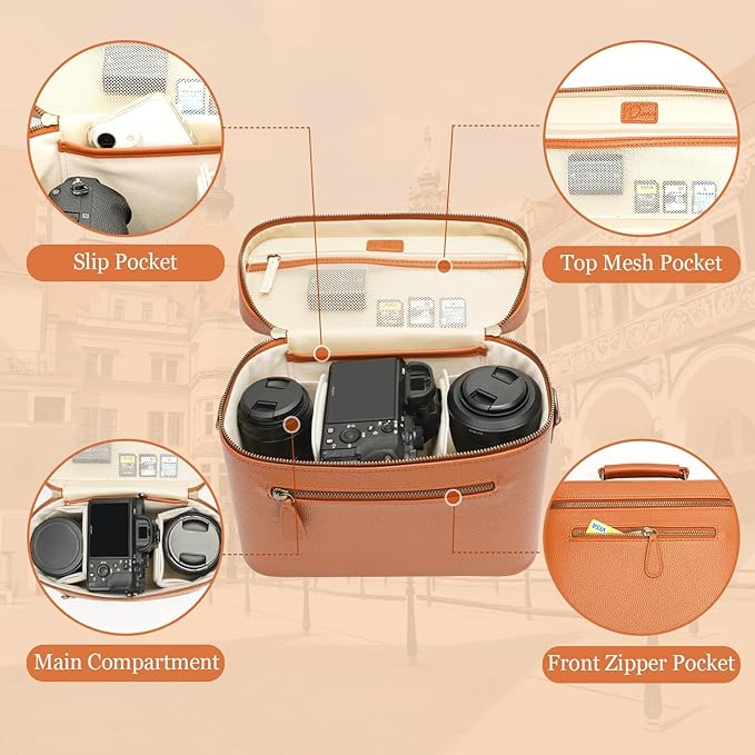 Camera Sling Bag, Waterproof PU Leather Crossbody Camera Case for Photographers, Small Shoulder Bag Compatible for Canon Nikon Sony, 4L Brown