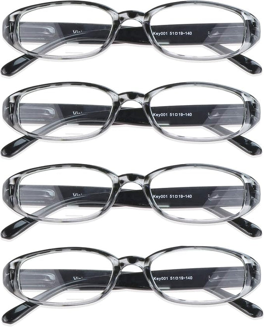 VisionGlobal 4 Pairs Reading Glasses with Spring Hinge, Blue Light Blocking Glasses for Women/Men (Black,+6.00 Magnification)