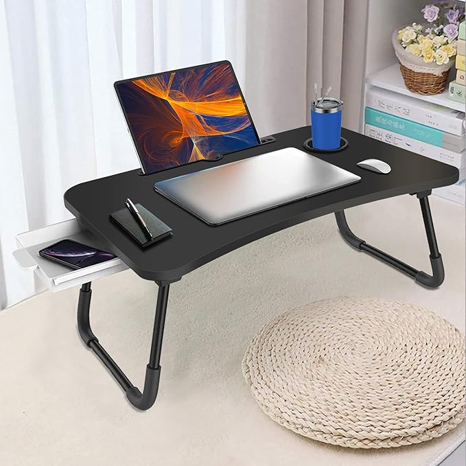 Fayquaze Portable Foldable Laptop Bed Desk with Storage Drawer and Cup Holder - Lap Desk Laptop Stand Tray Table for Eating, Reading and Working