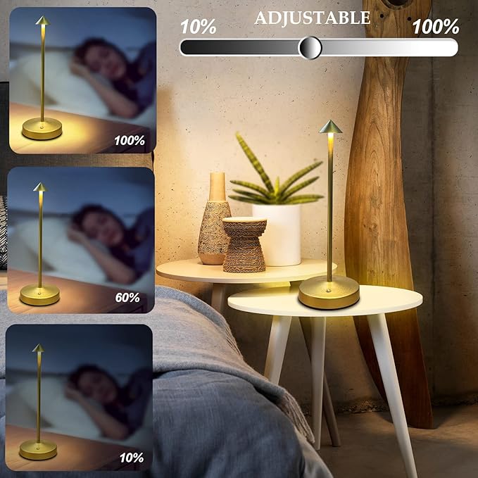 Rechargeable Cordless Lamps,3000mAh Battery Operated Table Lamp,Portable LED Touch 2 Levels Brightness Dimmable Bar Lamp,Battery Powered Lamps for Bars,Restaurant,Living Room(2 Pack,Gold)