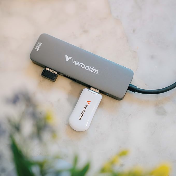 Verbatim USB-C Essentials Multiport Hub – 4 Ports: (1) USB-A 2.0, (1) USB-A 3.0/3.2 Gen 1, (1) USB-C 3.0/3.2 Gen 1 with 4K HDMI and Up to 100W Power Delivery