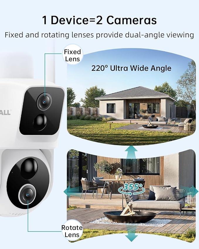 ZUMIMALL Security Cameras Wireless Outdoor with Dual Lens, 360° PTZ Solar Camera for Home Security, Clear Color Night Vision/AI Detection/2-Way Talk/2.4GHz WiFi/Siren & Light Alarm/IP66/Cloud/Alexa