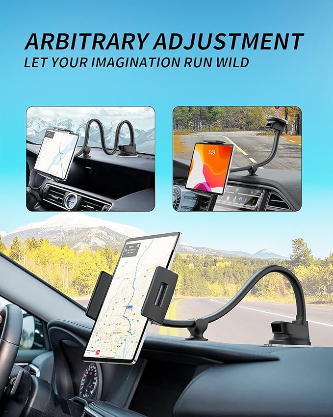 Tablet Car Mount - Windshield Dashboard Suction Cup Long Gooseneck Holder for Car, Truck, SUV - Compatible with 7-12.4 Inch Tablet/iPad/Samsung Tab, etc