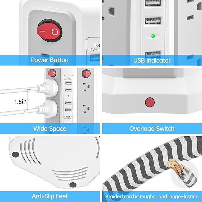 Power Strip Tower Surge Protector with PD20W USB C, 6FT Desktop Extension Cord Charging Station with 12 AC Multiple Outlets 5 USB Ports, Charger Tower Multiple Protections for Home Office Supplies