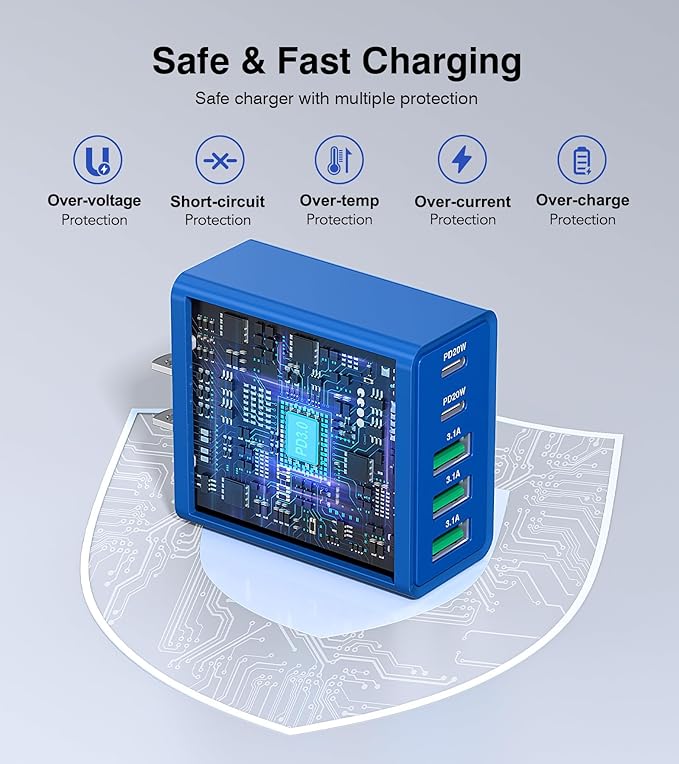 USB C Wall Charger, 50W USB C Charger Block 2-Pack 5-Port PD Fast Charging Blocks,Multiport 2USB C+3USB A Plug,Type C Power Adapter Brick Cube for iPhone 17/16/15/14/13,Samsung,for Switch（Dark Blue）