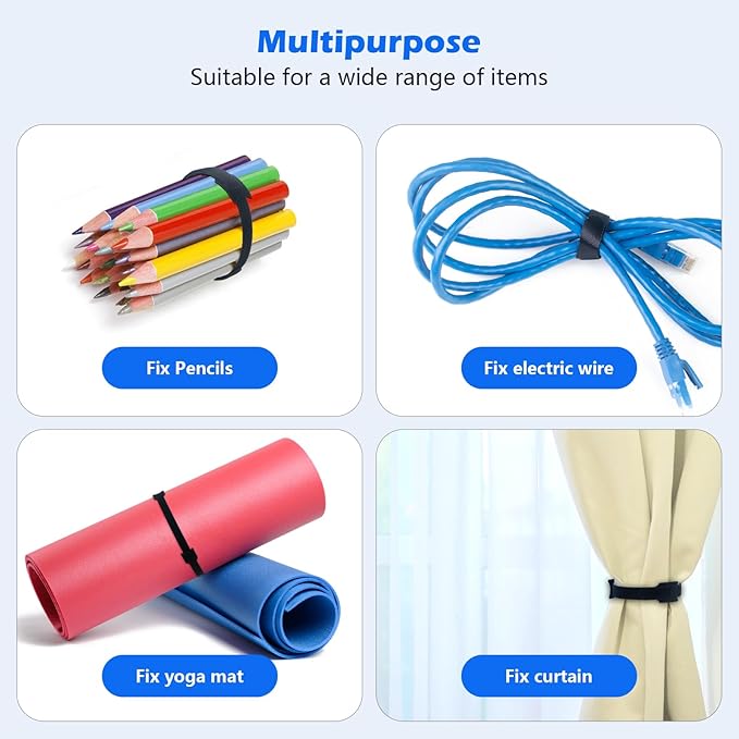 100 Reusable Cable Ties Black, Adjustable Cable Straps, Cable Tie Management, Cable Tidy for Desktop Charging Cables, Home and Office 200 * 12mm, 8in-100pcs, CS-104