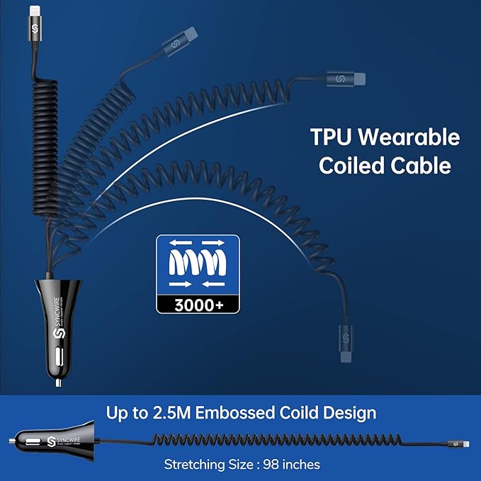 [Apple MFi Certified] Syncwire Car Charger iPhone 4.8A/24W Fast Car Phone Charger Cigarette Lighter USB Car Adapter with Build-in 8FT Lightning Cable Coiled for Apple iPhone 14/13/12/11/XR/Max, iPad