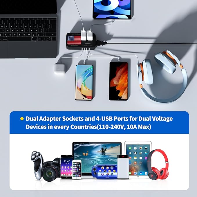 2200W Voltage Converter US to Europe, 220V to 110V Converter for European Travel for Hair Dryer Straightener Curling Iron with 3 AC Outlets and 4 USB Ports Power Converter Adapter Combo