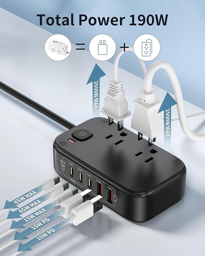 USB C Charging Station 190W,Surge Protection Power Strip Max 65W, 6FT Flat Extension Cord Desktop USB Charging Hub for Multiple Devices (Pearl Black, 65w)