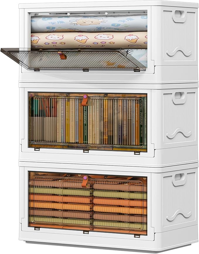 3 Tier Storage Bins with Lids 103QT - Stackable Storage Containers with Wheels, Folding Storage Boxes, Stackable Storage Bins, Closet Organizers and Storage for Living Room,Office