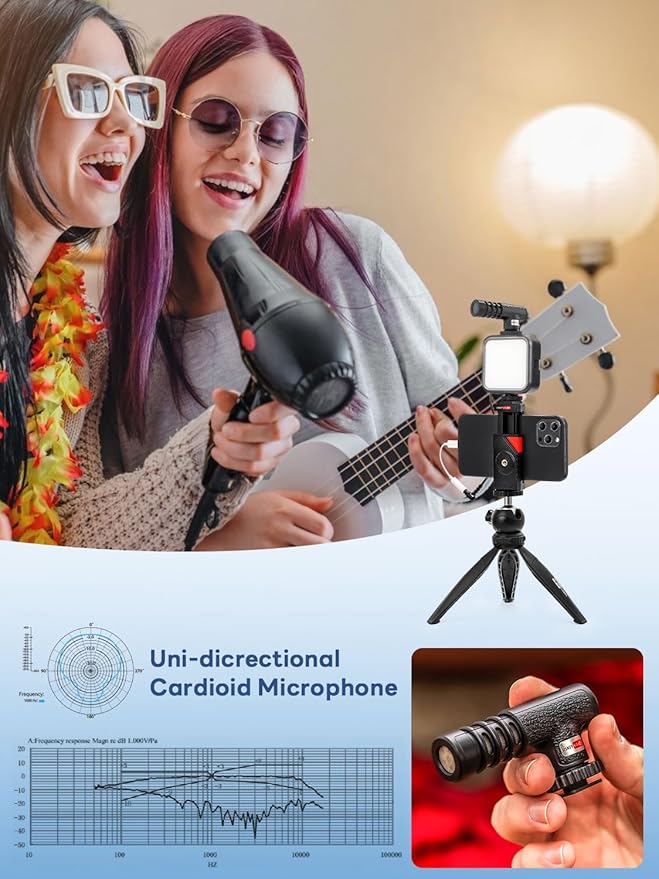 USKEYVISION Smartphone Vlogging Kit for iPhone 16/15/14 Mini/Pro/Max, Android Smartphone Content Creator Kit w/Microphone Light Auto-Switch Phone Clip for YouTube Tiktok Live Steam (Vlog K2)