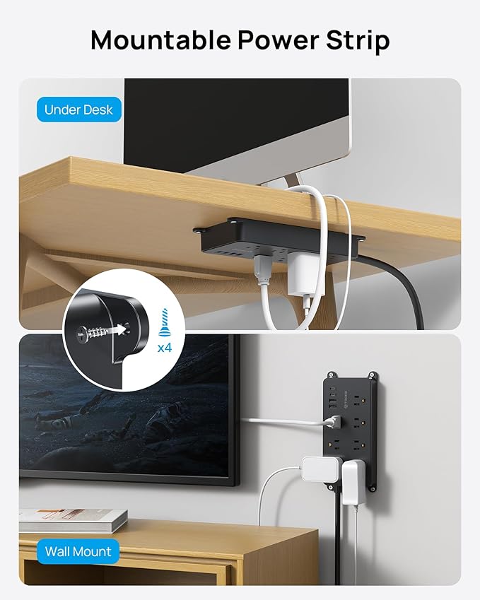 TROND Power Strip Surge Protector, 7 Widely-Spaced Outlets, 2 USB-A & 2 USB-C, ETL Listed, Flat Plug 5ft Extension Cord, Wall Mountable, 1700J, 14AWG Heavy Duty, for Home Office Garage, Black