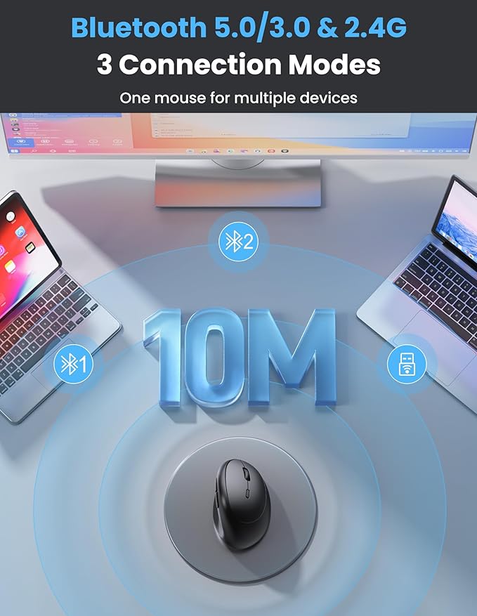 TECKNET Ergonomic Mouse, Bluetooth Wireless Vertical Mouse, Rechargeable Battery, Quiet Clicks, 4800 DPI Adjustable, BT5.0/3.0 & 2.4G Connect, Easy to use, Wide Compatibility - Black