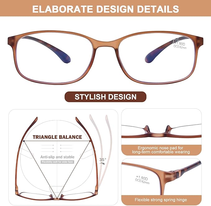 AQWANO Computer Reading Glasses 1.25 Blue Light Block - Comfortable Lightweight TR90 Flexible Frame UV Protection Anti Glare Eye Strain Readers, No Rubber Arms