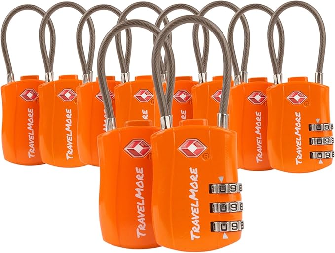 TravelMore 10 Pack TSA Approved Travel Combination Cable Luggage Locks for Suitcases - Orange