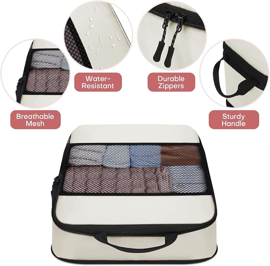 6 PCS Set Compression Packing Cubes for Travel, Lightweight Packing Organizer Bags Travel Essentials for Carry On, Suitcase, Home Closet - Beige